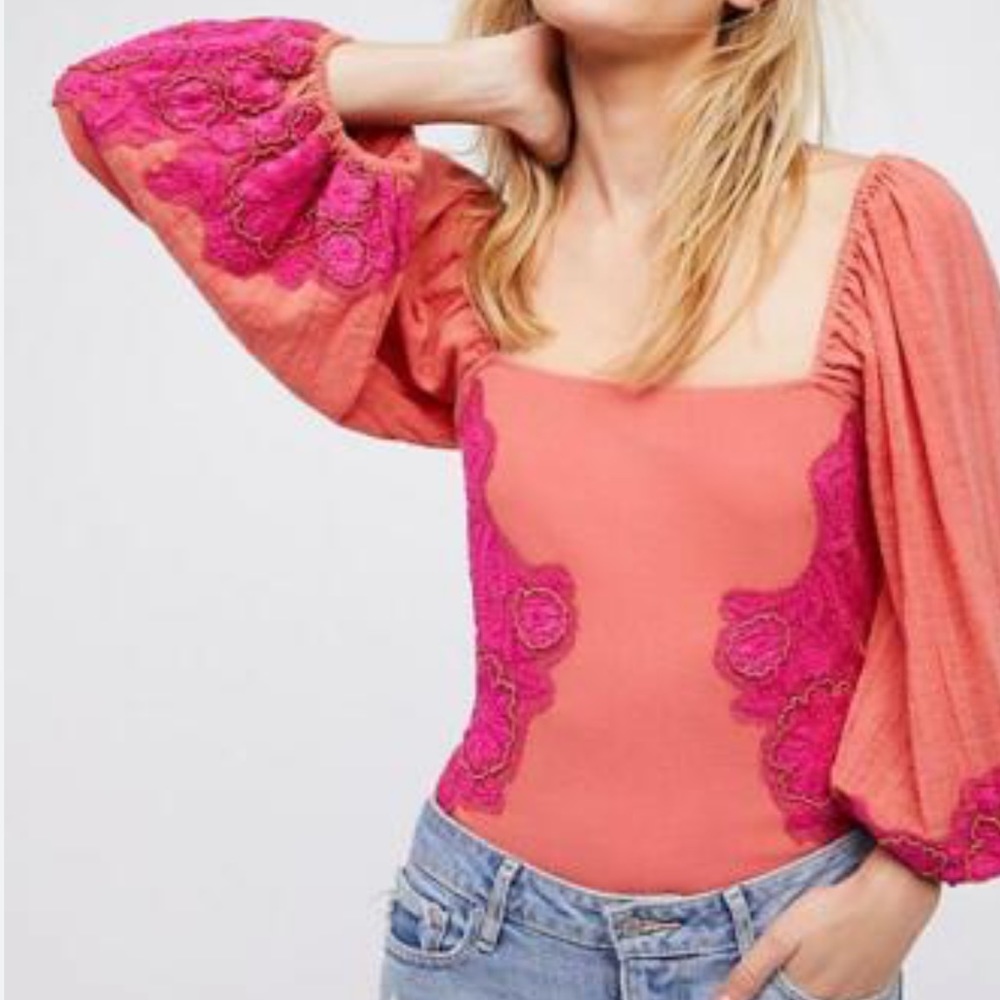 Free People Bali Magique Bodysuit Lace Ribbed Square Neck Puff Sleeve